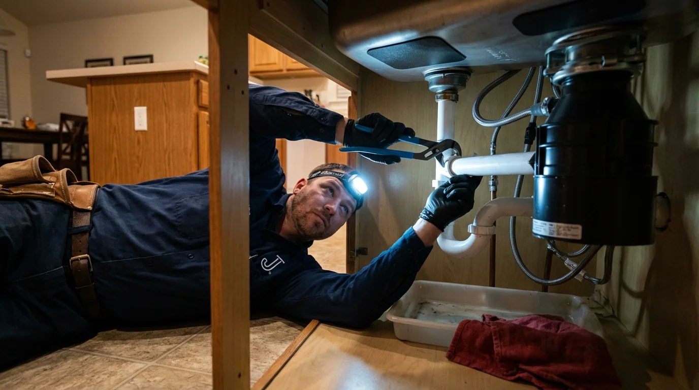 P-trap and supply line connections under a kitchen sink showing a common leak point in Bangor, PA